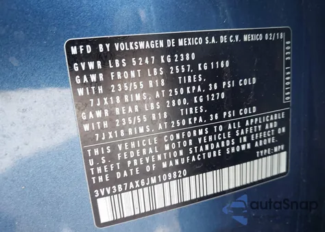 2018 Volkswagen Tiguan 2.0T Se/2.0T Sel from USA, damaged, VIN 3VV3B7AX6JM109820